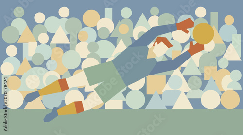 Stylized vector illustration of a soccer goalkeeper diving to catch the ball with abstract crowd background