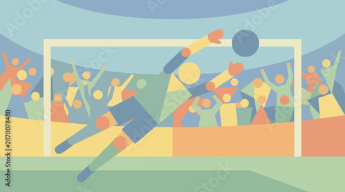 Stylized geometric illustration of a soccer goalkeeper diving to catch the ball during a match in a crowded stadium