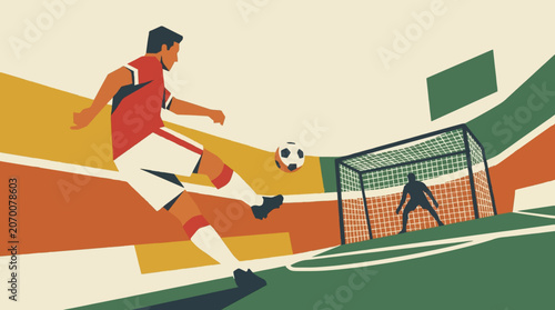 Dynamic Soccer Striker Scoring a Goal Against Goalkeeper in a Professional Stadium Arena Flat Illustration