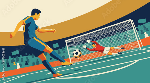 Soccer player kicking ball to score goal with goalkeeper diving in stadium vector illustration