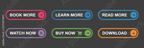 Flat buttons vector illustration, modern colorful UI button set for digital interfaces featuring read more, learn more, buy now, download, watch now, book now elements