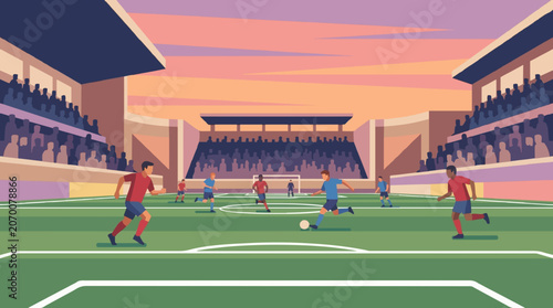 Vector Illustration of a Dynamic Soccer Match Taking Place in a Large Stadium During a Beautiful Golden Hour Sunset