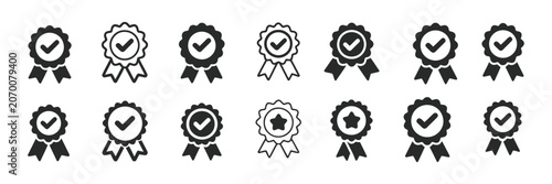 Photos Approval Check Icons Featuring Verified Certification Marks, Award Ribbons, Meda