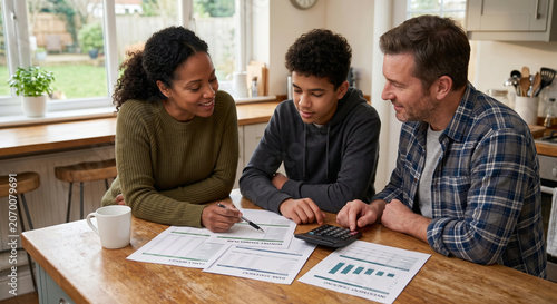 Parents and teenage son cooperatively reviewing financial documents at kitchen island.