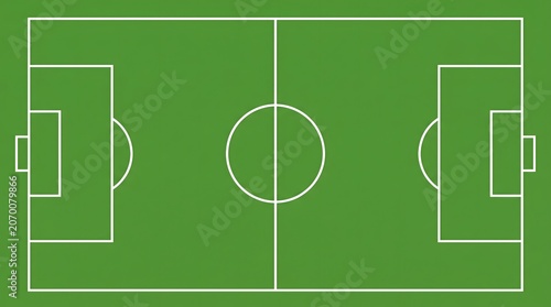 Top-down view of a perfectly maintained green soccer field, ready for a game, with goalposts and center circle clearly marked