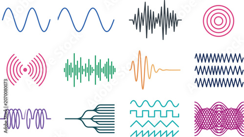 Photos Abstract Sound Wave and Audio Signal Element Set Featuring Frequency Patterns Di