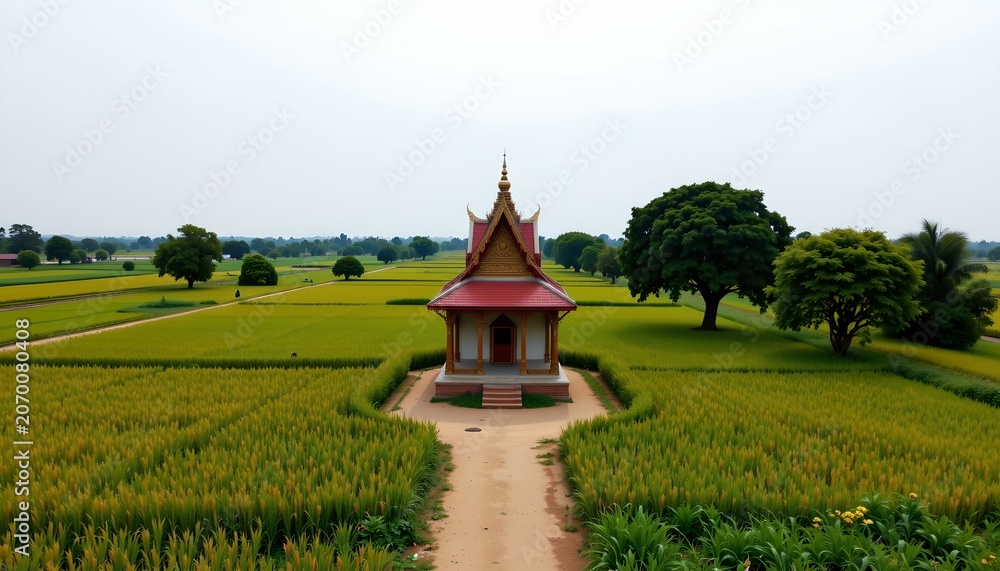 Obraz premium The image depicts a serene rural landscape centered around a small, ornate structure with traditional architectural features, including a tiered roof and decorative details