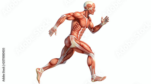 3D medical illustration of human male muscular system in a running pose showing anatomy and athletic movement