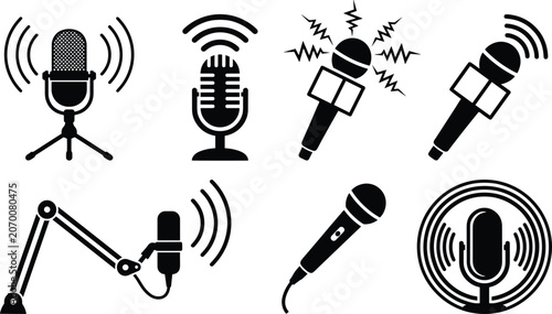 Tableau sur toile Microphone and Broadcasting Icon Set Featuring Podcast Studio Audio Recording Wi