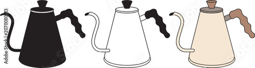 Bild auf Leinwand Gooseneck kettle icon set featuring pour-over kettle, coffee brewing, barista kettle and gooseneck spout elements in line, flat and colored vector styles for specialty coffee and café concepts