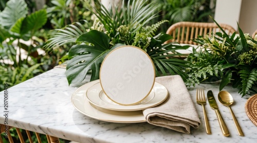 Round menu mockup resting on ceramic dinnerware in a lush tropical garden for wedding stationery and hospitality marketing
