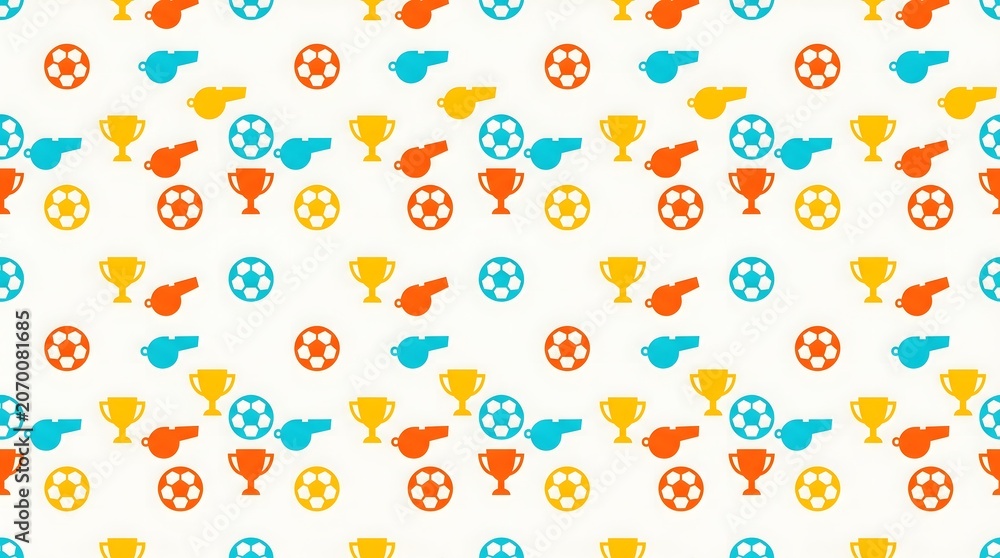 Obraz premium Vibrant Seamless Pattern Featuring Soccer Balls Trophies and Sports Whistles in Colorful Minimalist Flat Vector Design Style