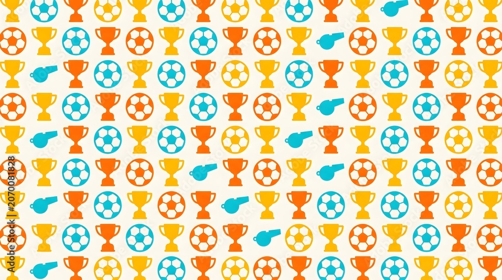 Fototapeta premium Soccer and Trophy Pattern A Whimsical Celebration of Sports and Victory with a Playful Color Palette