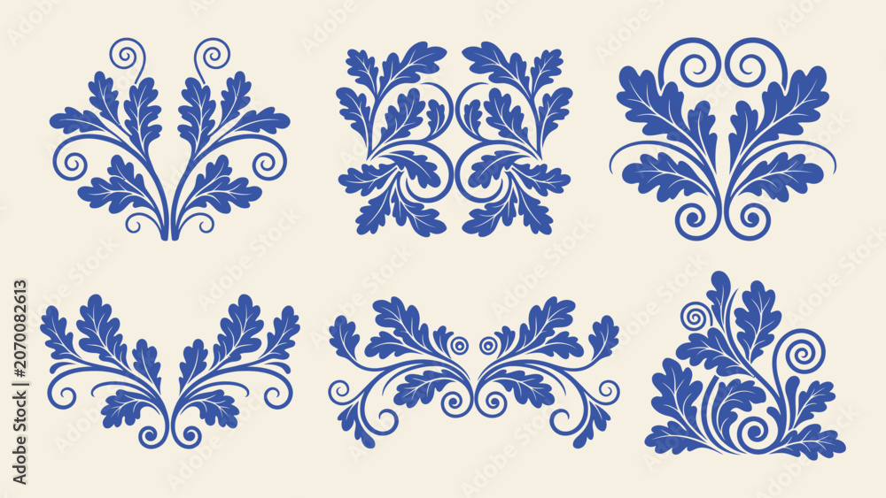 Obraz premium Blue oak leaf ornaments and floral flourishes vector set in classic gzhel style for decorative borders and corners