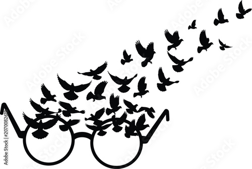 Creative Eyeglasses Silhouette with Flock of Flying Birds Symbolizing Vision Freedom Imagination and Creative Thinking Vector Illustration