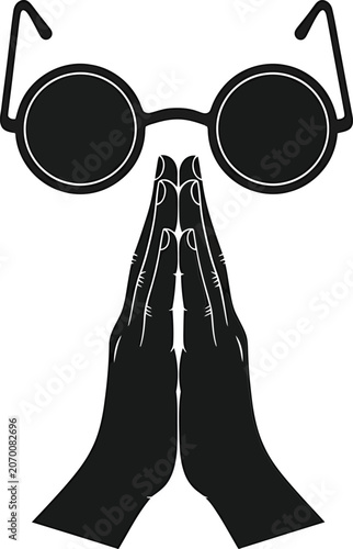 Minimalist Praying Hands with Round Glasses Creative Spiritual Symbol Black Silhouette Illustration Representing Faith Wisdom and Reflection