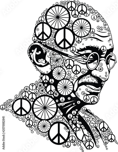 Creative Mahatma Gandhi Portrait Composed of Peace Signs and Spinning Wheel Elements Black and White Vector Illustration Symbolizing Nonviolence Harmony and Freedom
