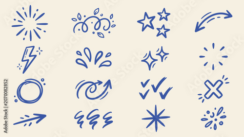 Canvas-taulu Hand drawn doodle elements vector set with blue arrows stars sparkles lightning