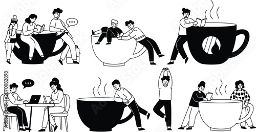 People Enjoying Coffee Reading Working Relaxing and Socializing Around Large Coffee Cups Black and White Flat Vector Illustration Collection