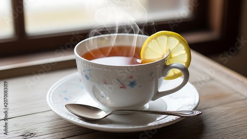 Steaming Cup of Tea with Lemon Slice on Saucer with Spoon.