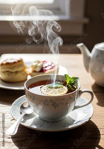 Steaming cup of tea with scones and teapot.