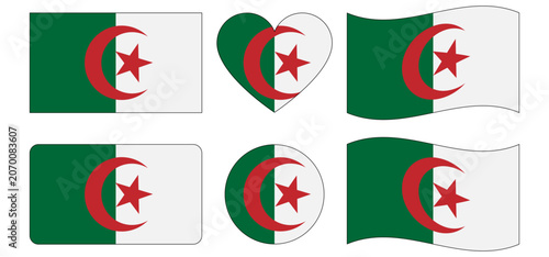 Algeria National flag. Algeria flag in rectangular, heart, round and wave shape with moon and star.