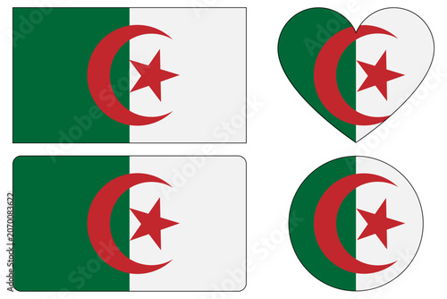 Algeria National flag. Algeria flag in rectangular, heart, round and wave shape with moon and star.