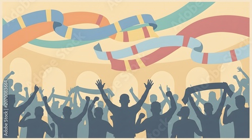 A joyful illustration of a jubilant crowd celebrating with colorful banners and confetti in a festive atmosphere