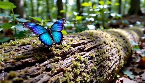 Iridescent Butterfly Resting Mossy Log Forest