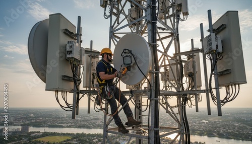 Professional wireless network engineer installing communication equipment on a telecommunications tower