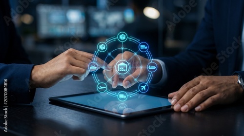 Professional Business Partners Utilizing Interactive Holographic Digital Supply Chain Analytics Interface on Tablet