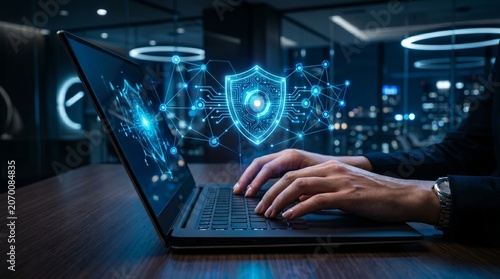 Professional Working on a Laptop with a Secure Holographic Digital Shield Interface for Enhanced Cybersecurity Protection in an Office