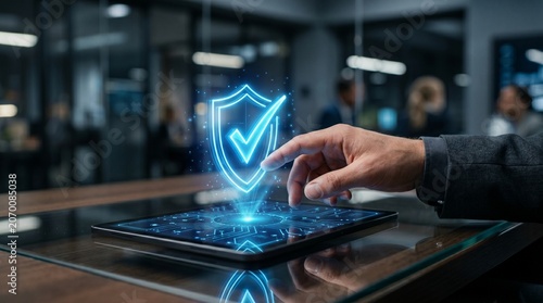 Businessman touching a holographic security shield icon on a tablet, representing futuristic cyber protection and data safety