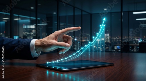 Businessman pointing at a bright holographic growth chart on a digital tablet in a dark modern office setting