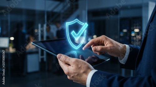 A professional businessman interacting with a digital holographic shield icon for cybersecurity protection on a handheld tablet screen in a modern office environment