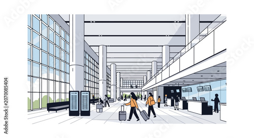 Konstfotografi Airport check-in area with travelers and information screens
