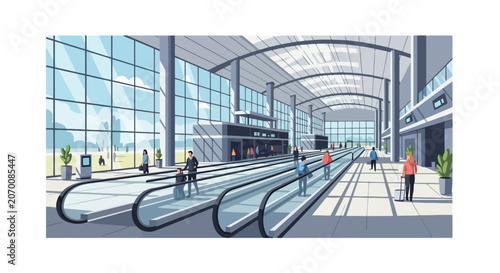 Obraz na plátně Busy airport terminal with moving walkways and travelers