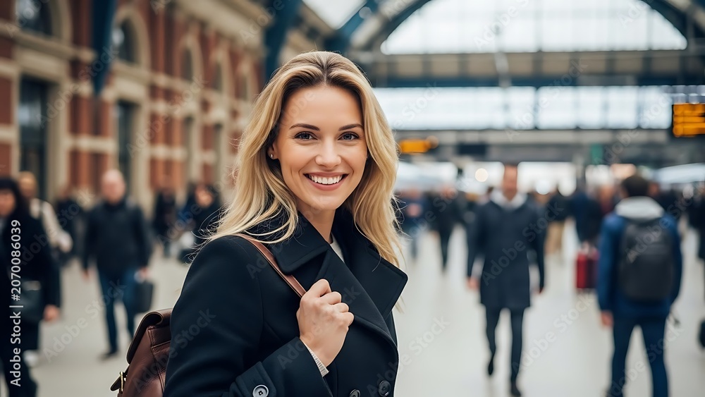 Fototapeta premium Smiling Woman at Busy Train Station.