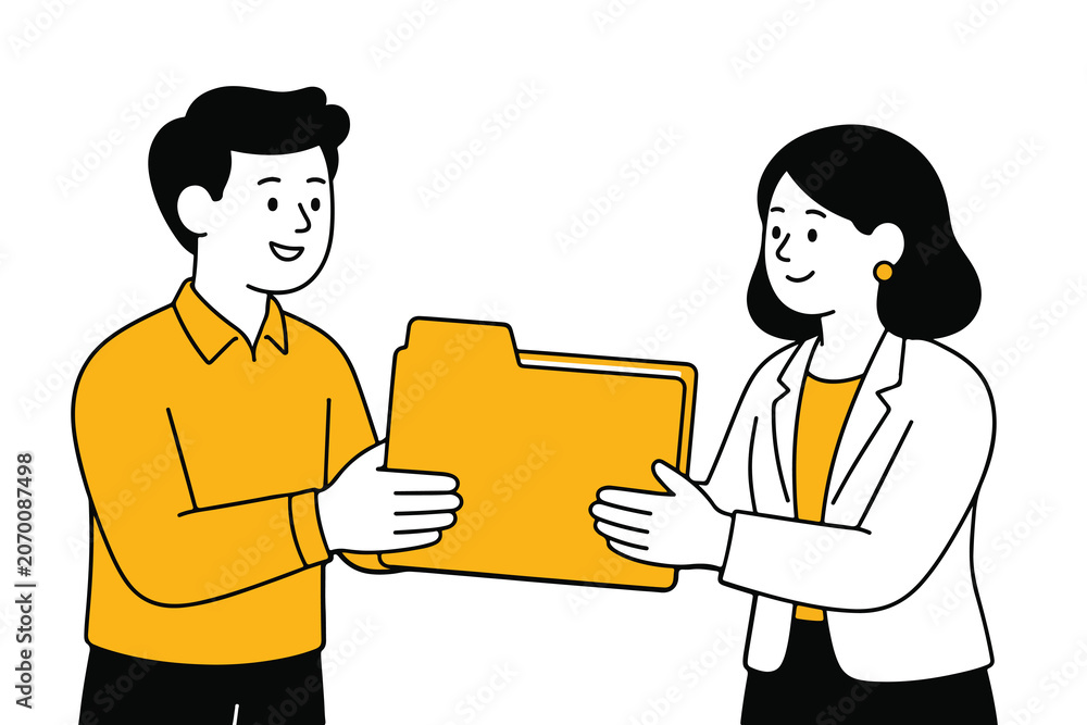 Obraz premium Office Workers Exchanging Business Documents Flat Vector Illustration