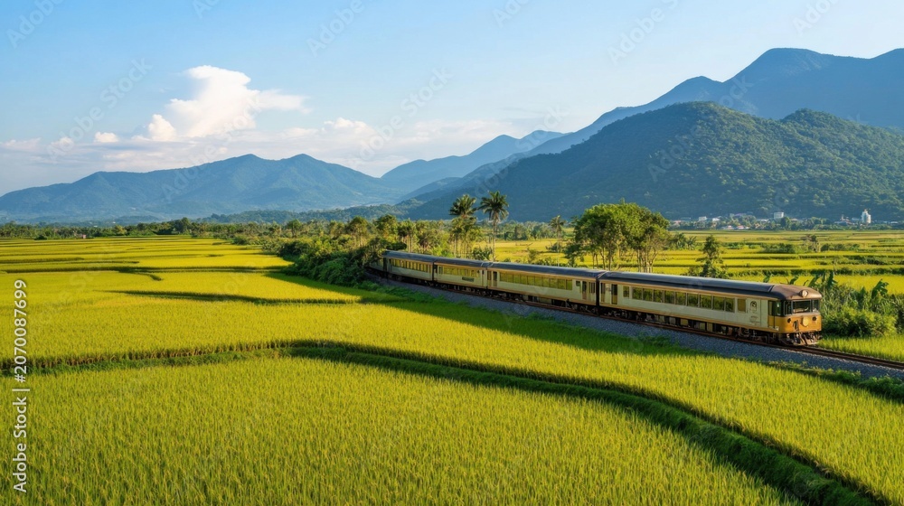 Obraz premium Train journey through golden rice fields with distant mountains