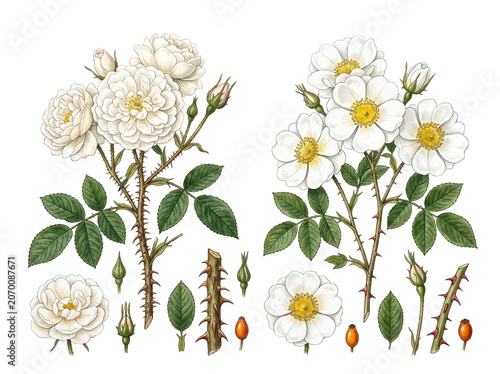 Detailed botanical illustration featuring two elegant white rose clusters with thorny stems lush green leaves and small orange rose hips showcased against a clean white background in a classic vintage