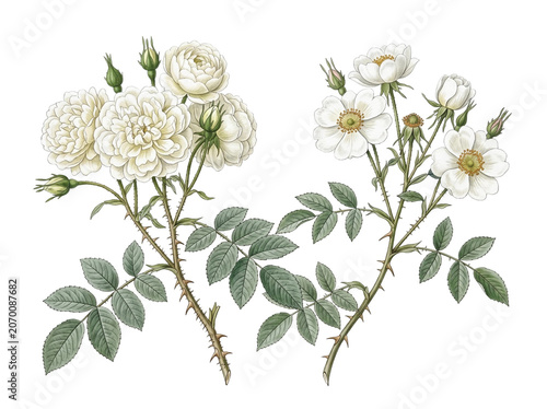 Detailed botanical illustration featuring two elegant white rose clusters with thorny stems lush green leaves and small orange rose hips showcased against a clean white background in a classic vintage
