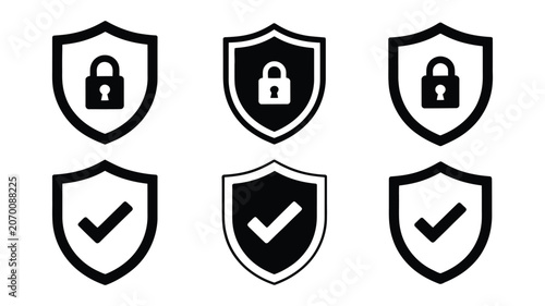 Tableau sur toile Security shield icons, vector set of shield logotypes with check mark and padlock symbols for cybersecurity, data protection, web safety, and application security design