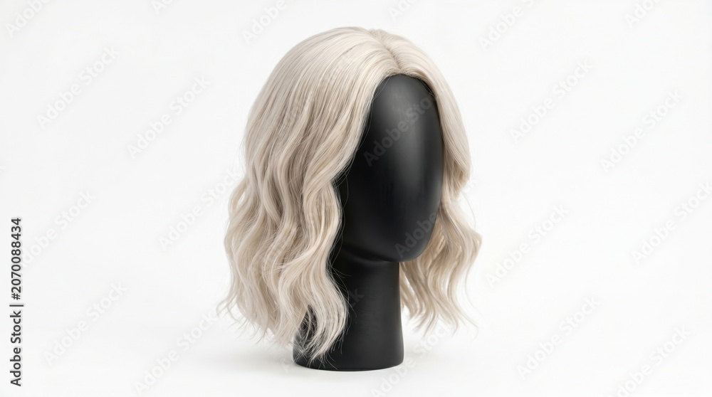 Naklejka premium Wavy blonde wig on a black mannequin head.
