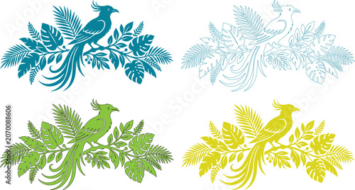 Cuadro en lienzo Exotic bird vector illustration set, tropical jungle bird and foliage graphics,