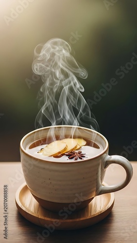 Steaming Hot Beverage with Spices and Fruit Slices.