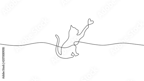 one line drawing of a cat holding a heart