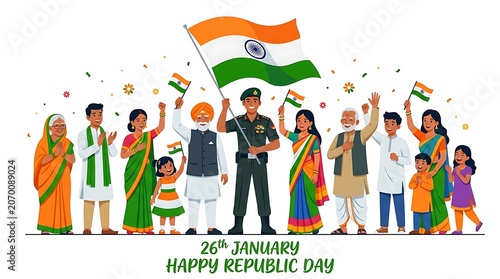 Diverse Group of People Celebrating Indian Republic Day with Flags and Confetti celebration