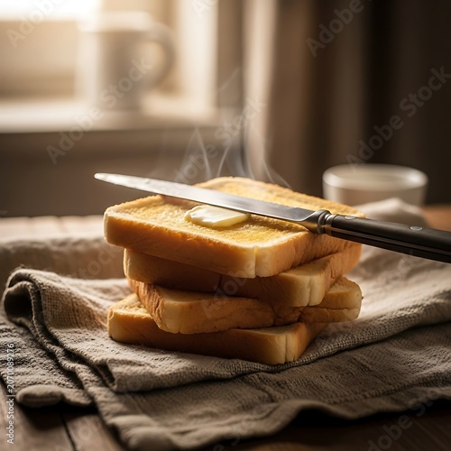 Steaming Hot Buttered Toast Stack on Napkin with Knife.
