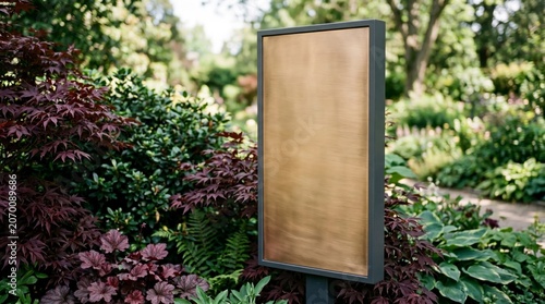 Blank vertical informational sign standing in a lush botanical garden with soft natural lighting for park wayfinding or garden exhibition branding